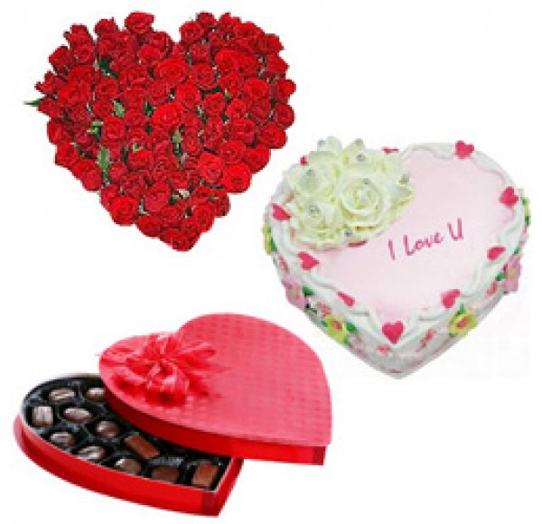 Vibrant 24 Red Roses with 1/2 Kg Heart Shaped Cake and Heart Shaped Chocolate Box